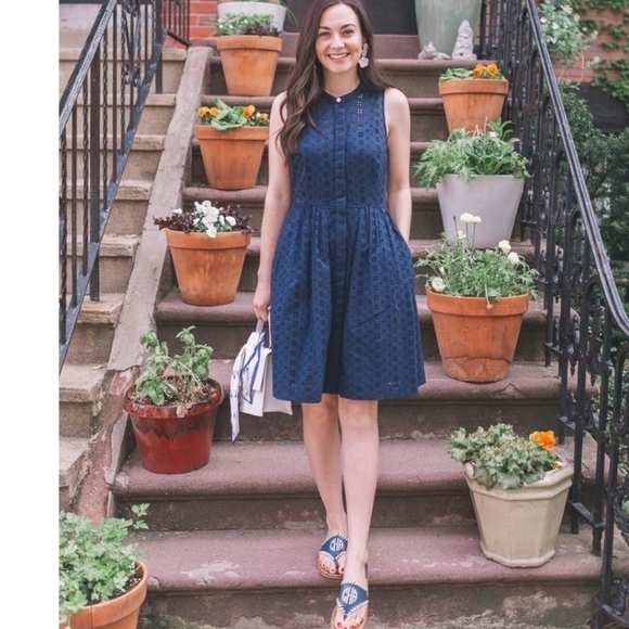 J. Crew Factory Dresses & Skirts - J. Crew Factory Navy Blue Eyelet Lace Sleevless Shirt Dress XXSMALL